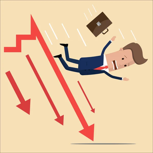 Arrow graph going down and businessman is falling down. Crisis concept . vector illustration — Stock Vector