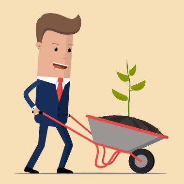 Bir el arabası ve bir fide ile iş adamı. Vektör çizim