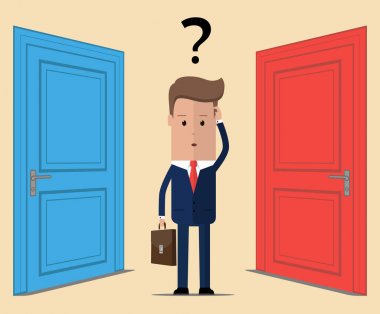 İki kapı, şüpheli ve iş adamı. Seçim kavramı. Vektör çizim