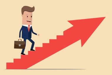 İşadamı tırmanma merdivenleri ve bir ok. Vektör illüstrasyon iş kavramı