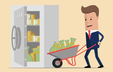 Bankada kasada para yatırma iş adamı. Neşeli işadamı büyük kasa arka plan üzerinde el arabası dolusu para bastırıyor. Vektör çizim