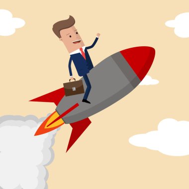 üzerinde bir roket gökyüzü arka plan, iş kavramı başlangıç üzerinde uçan iş adamı.