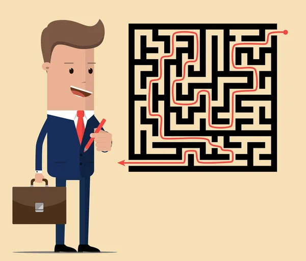 Homme d'affaires trouver la solution d'un labyrinthe. Concept d'entreprise. Illustration vectorielle — Image vectorielle