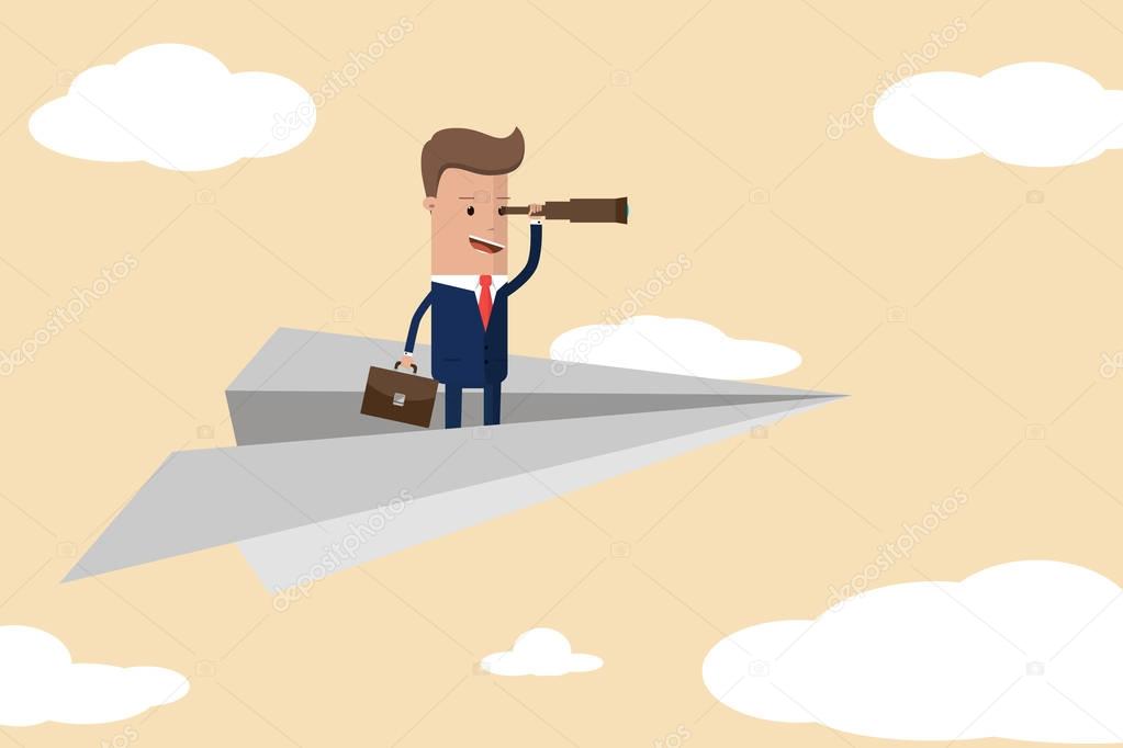 businessman flying on a paper airplane and looking through a telescope. Business concept of vision, mission or ambitions