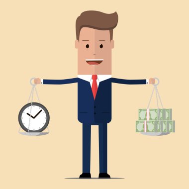 Para ve saat, iş, zaman ölçeğini tutan işadamı para kavramdır. Vektör çizim