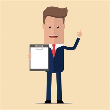 Boş Pano basılı tutup Ok jest gösterilen iş adamı. Vektör çizim