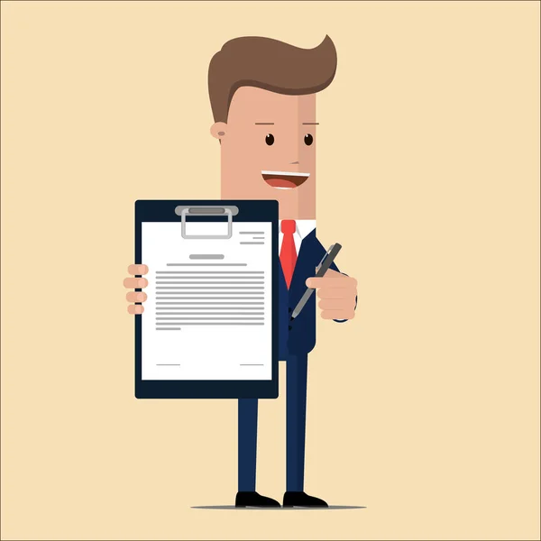 Podnikatel, držící smlouvy a předání pero k podpisu. podnikatel smlouvu ilustrace design — Stockový vektor