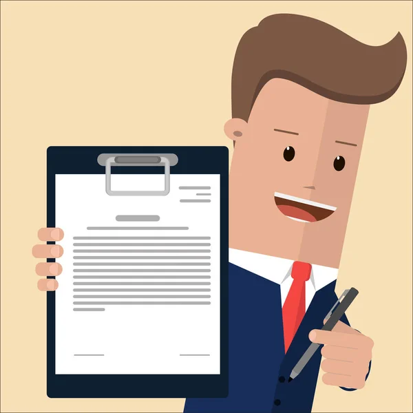 Podnikatel, držící smlouvy a předání pero k podpisu. podnikatel smlouvu ilustrace design — Stockový vektor