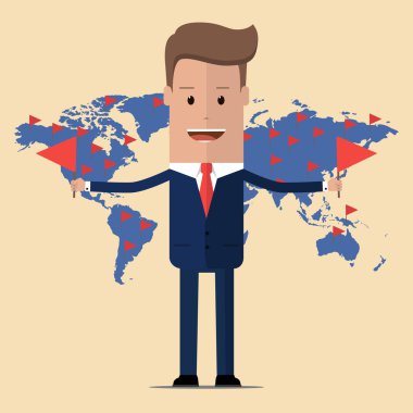 bayrakları Bayraklar şeklinde işaretler ile arka plan dünya haritası üzerinde takım elbiseli ayakta tutan bir iş adamı. Vektör çizim