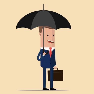 İşadamı veya Yöneticisi ile evrak çantası elinde şemsiye Yağmur duruyor. İş kavramı vektör, illüstrasyon