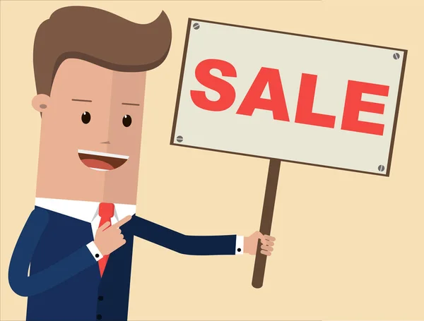 Businessman holds a sign Sale. Vector, illustration, flat — Stock Vector