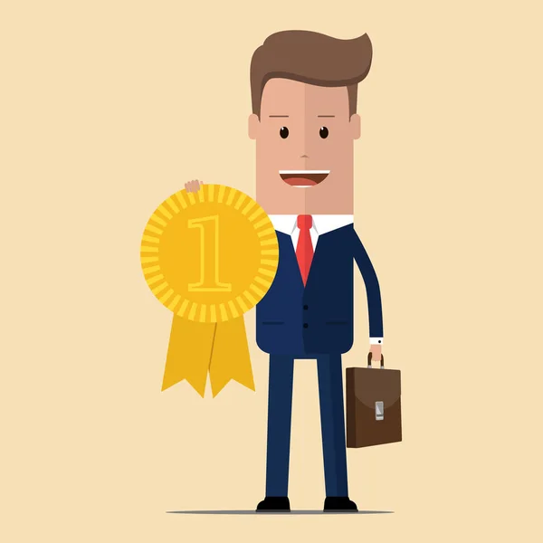 İşadamı altın madalya önünde elinde tutar. İş kavramı. Vektör çizim