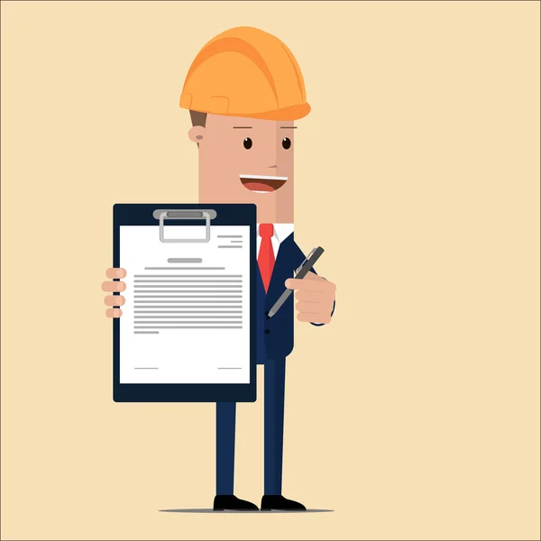 Businessman in a helmet holding a contract and handing over a pen for signature. businessman contract illustration design — Stock Vector