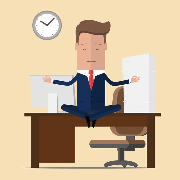 Meditação do homem de negócios no escritório. ioga no trabalho. jovem relaxando na posição de lótus na mesa com computador no trabalho. Ilustração vetorial —  Vetores de Stock