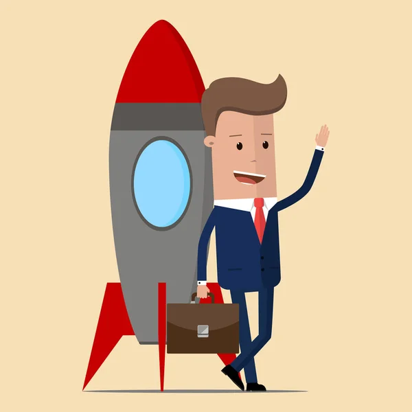 Un hombre de negocios al lado del cohete. Iniciar el concepto de negocio. Ilustración vectorial — Archivo Imágenes Vectoriales