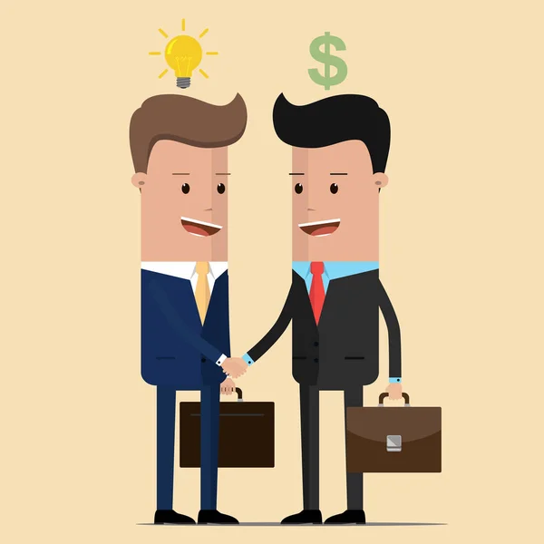 Dois empresários negócio aperto de mão negociação lâmpada ideia e dinheiro. Ilustração vetorial — Vetor de Stock