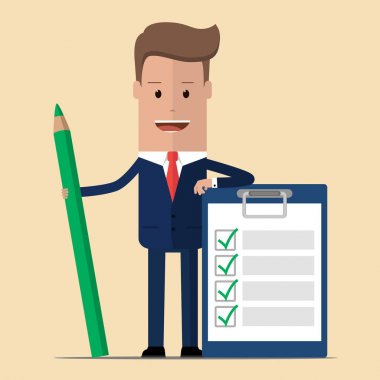 Mutlu işadamı bakarak bir kalem tutan Pano kontrol listesine tamamlandı. Vektör çizim