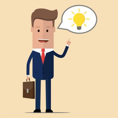 Ampul ile iş adamı. İş adamı fikri ampul üzerinde işaret. Vektör çizim