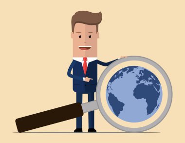 Dünya iş eğilimleri görmek için Büyüteç ile iş adamı. Arama kavramı. Vektör çizim