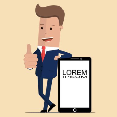 İşadamı Haritayı başparmak tabela telefon yakın dururken