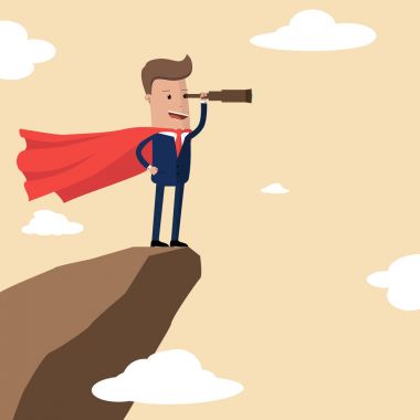 Spyglass bakarak dağın tepesinde işadamı süper kahraman. Başarı ve arama fırsatları iş kavramı. Vektör çizim