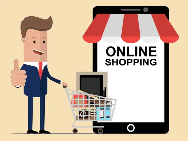 Mobiles Online-Shopping-Konzept. Geschäftsmann mit Einkaufswagen vor Online-Shop — Stockvektor