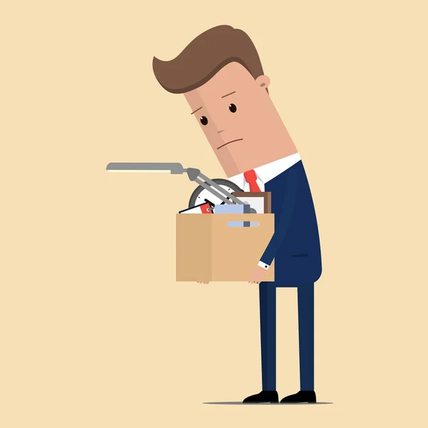 Sorgliga olyckliga affärsman karaktär sparken från jobbet. Vektorillustration — Stock vektor