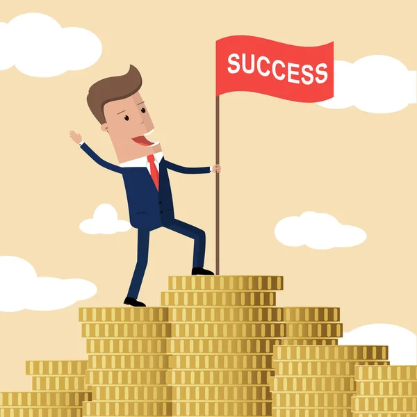 Empresário feliz bem sucedido no topo de uma montanha de moedas com uma bandeira de sucesso em sua mão. Ilustração vetorial — Vetor de Stock
