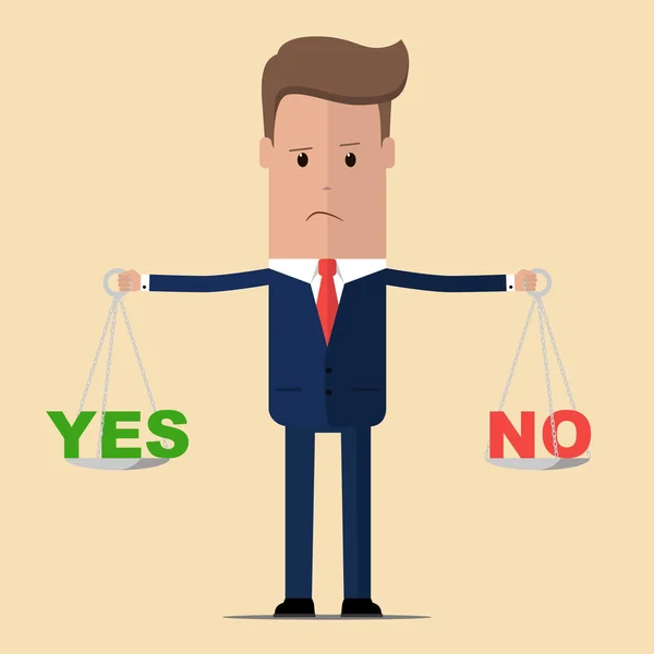 Бизнесмен со словами "да" или "нет" в балансе. Бизнес-концепция. Векторная иллюстрация — стоковый вектор