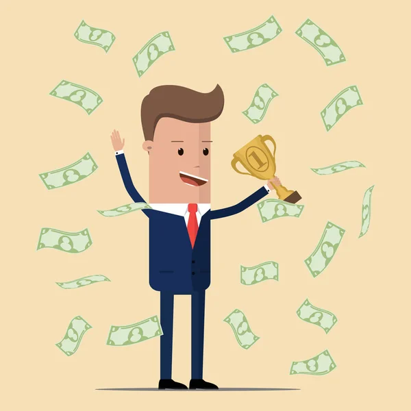 Feliz hombre de negocios sosteniendo una taza en su mano con un montón de billetes de dólar vuelan en el aire. ilustración vectorial — Vector de stock
