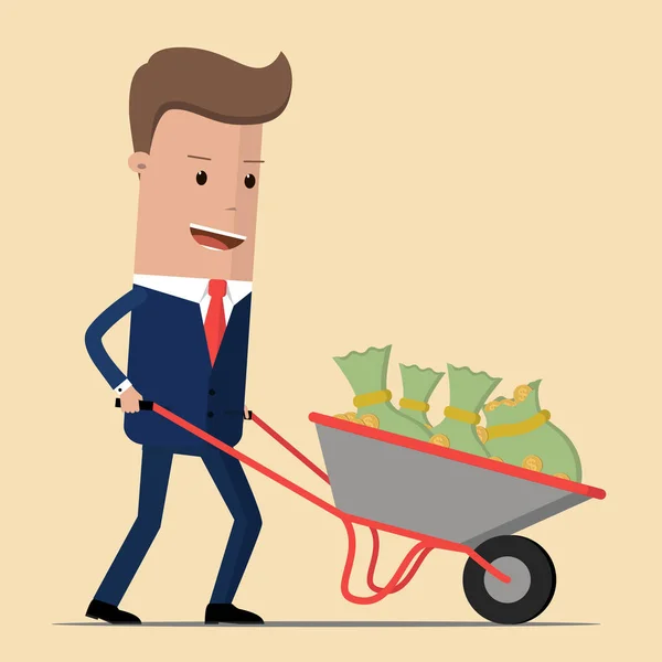 Счастливый бизнесмен или менеджер идет с тачкой, полной денег. векторная иллюстрация — стоковый вектор