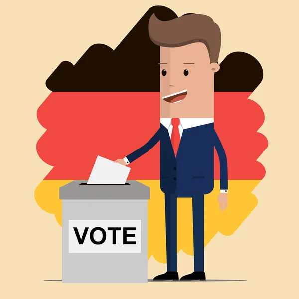 Hombre de traje, hombre de negocios poniendo papel en las urnas con bandera alemana en el fondo. Concepto de votación — Vector de stock