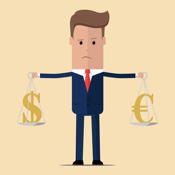 Üzletember jelek dollár vagy euró egyensúlyt. Üzleti koncepció. Vektoros illusztráció — Stock Vector