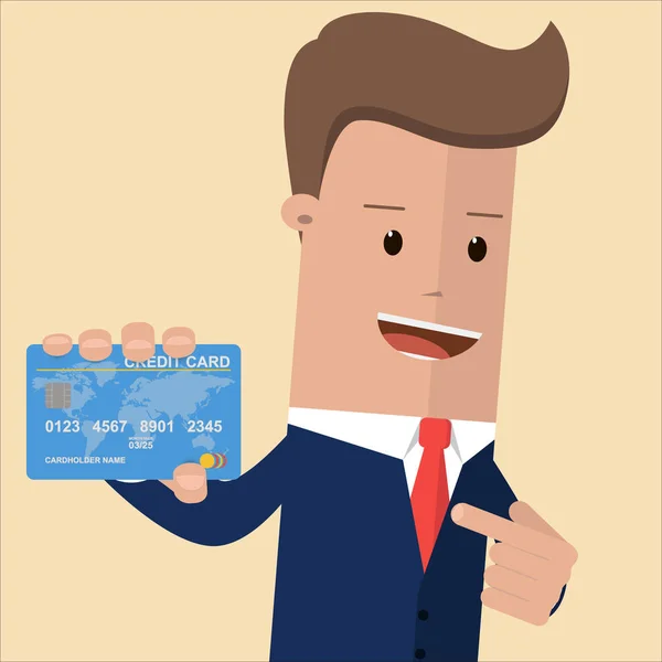 Zakenman toont een credit card. Vectorillustratie — Stockvector