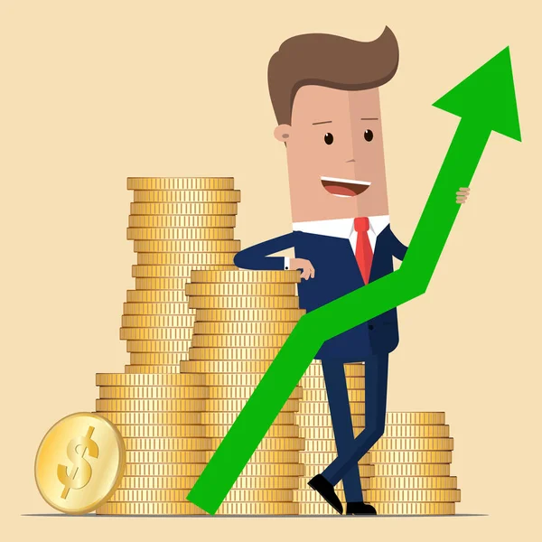 Geschäftsmann steht neben einem Stapel Goldmünzen und hält einen grünen Pfeil in die Höhe. Vektor, Illustration — Stockvektor