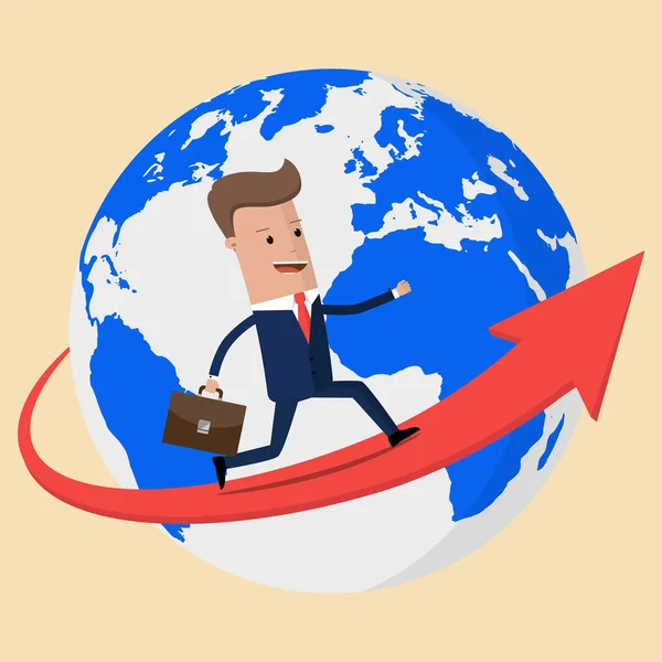 Homem de negócios correndo em uma flecha ao redor do globo terrestre. Ilustração vetorial — Vetor de Stock