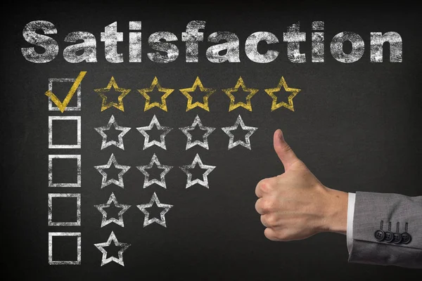 Total Satisfaction - 5 Five Stars. thumbs up golden star rating chalkboard — Stock Photo, Image