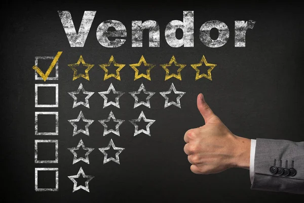 Vendor five 5 star rating. thumbs up service golden rating stars on chalkboard — Stock Photo, Image
