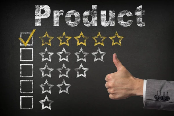 Product five 5 star rating. thumbs up service golden rating stars on chalkboard — Stock Photo, Image