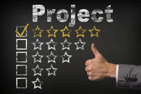 Project five 5 star rating. thumbs up service golden rating stars on chalkboard — Stock Photo, Image