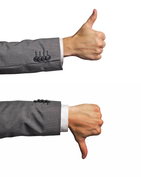 Εγγραφείτε για τον αντίχειρα και τον αντίχειρα προς τα κάτω το χέρι σε ένα κοστούμι που απομονώνονται σε λευκό φόντο — Φωτογραφία Αρχείου