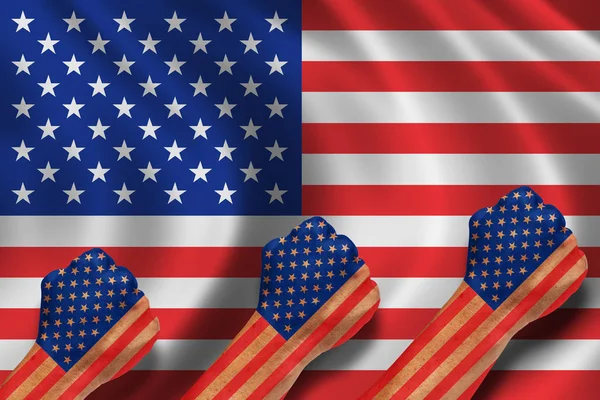 Tři pěst ruka člověka s Spojené státy vlajky vzorované - den nezávislosti, pozadí vlajky Usa — Stock fotografie