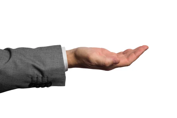 Empresário segurando uma mão vazia isolada no branco — Fotografia de Stock