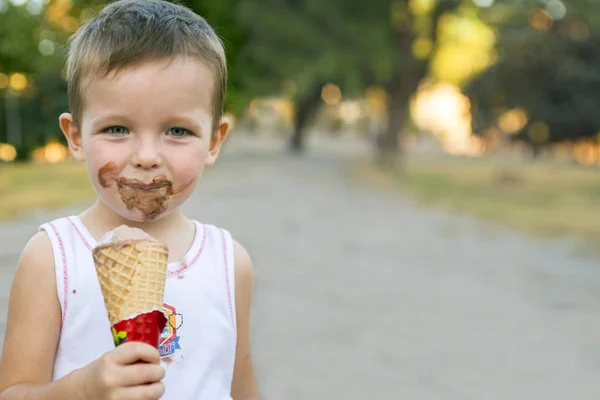 Anak Laki Laki Toddler Lucu Makan Ice Cream Anak Dengan — Stok Foto