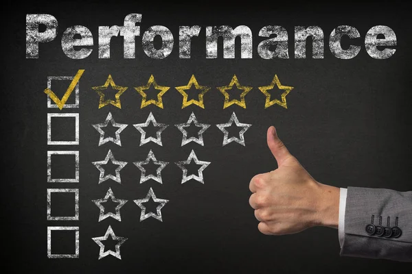 Performance five 5 star rating. thumbs up service golden rating stars on chalkboard — Stock Photo, Image