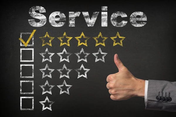 Best Service - 5 Star Rating. thumbs up service golden rating stars on chalkboard — Stock Photo, Image