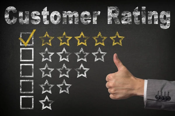 Customer Rating - 5 Five Stars with thumb up on chalkboard background