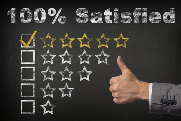 100 percent satisfied - Five Stars Rating with thumb up — Stock Photo, Image