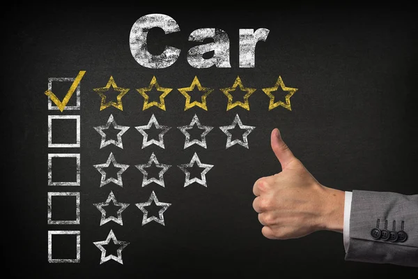 Car five 5 star rating. thumbs up service golden rating stars on chalkboard — Stock Photo, Image
