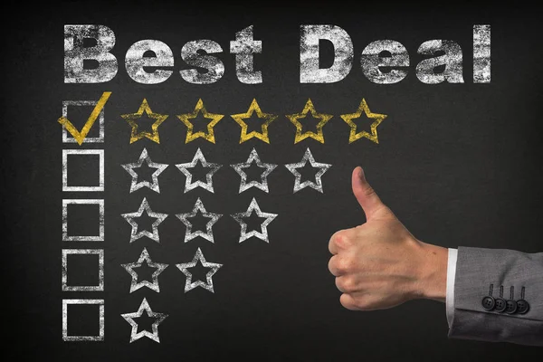 Best deal five 5 star rating. thumbs up service golden rating stars on chalkboard